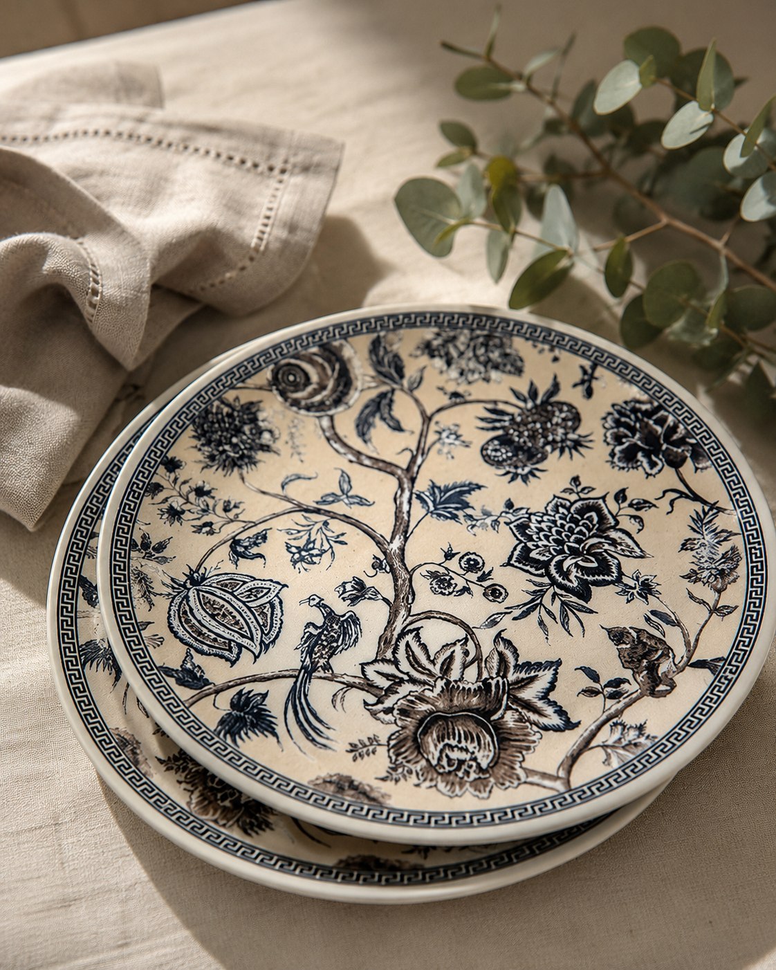 Two hand-painted toile botanical plates stacked on linen with eucalyptus