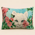 Annie cushion — white cat among pink roses on turquoise, flat catalogue