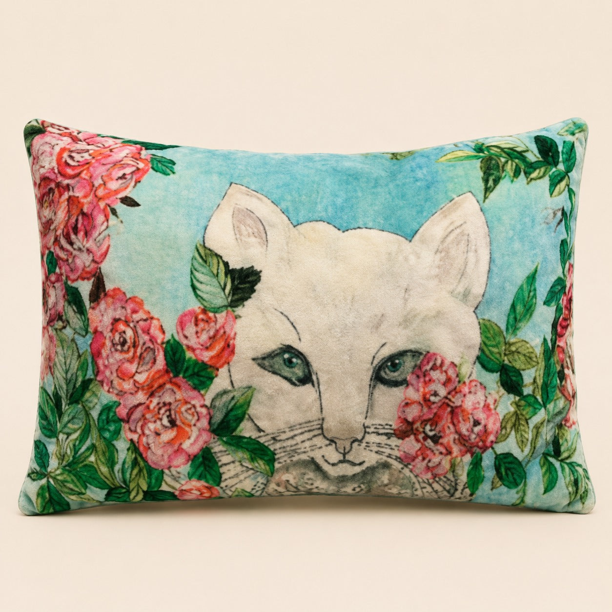Annie cushion — white cat among pink roses on turquoise, flat catalogue