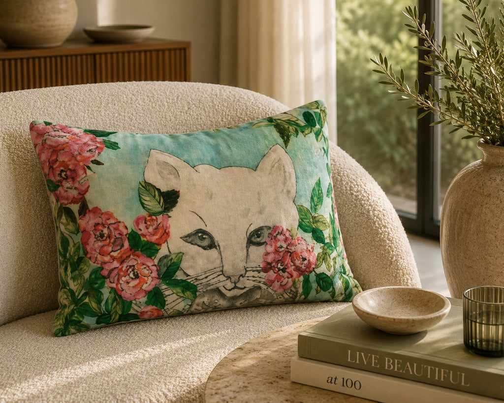 Annie bolster cushion resting on a cream bouclé armchair