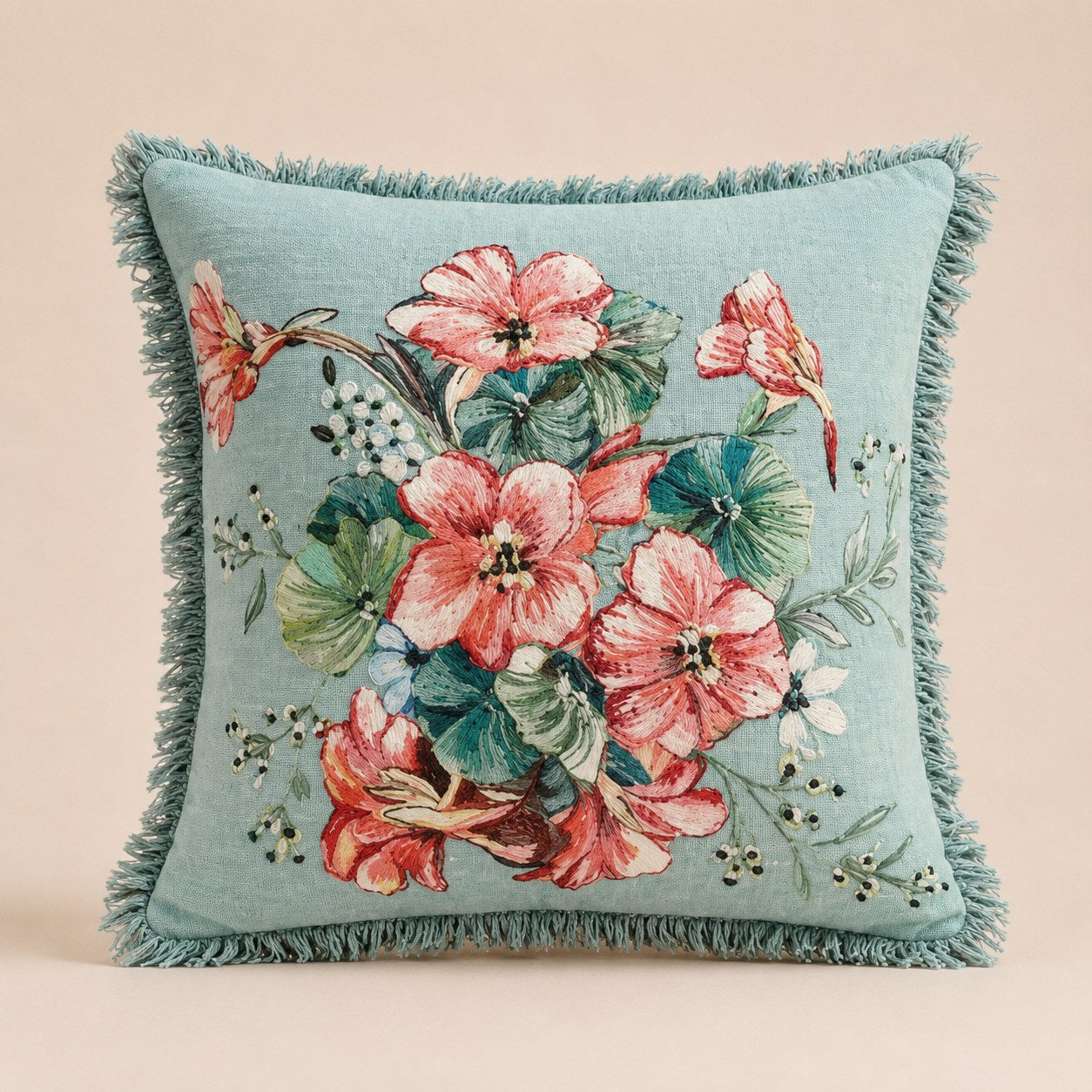 Aqua Bloom cushion in pale aqua linen with a brush-fringe edge, coral and rose blooms