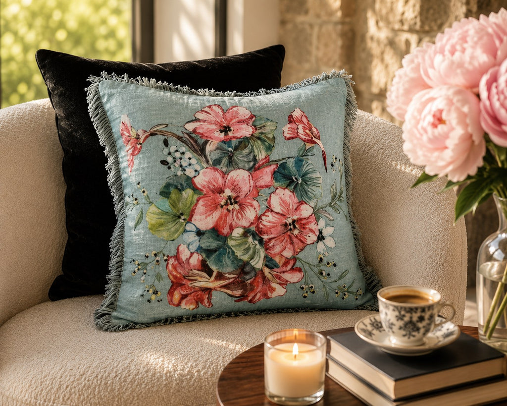 Aqua Bloom fringed cushion on a cream boucle armchair beside peonies in sunlight