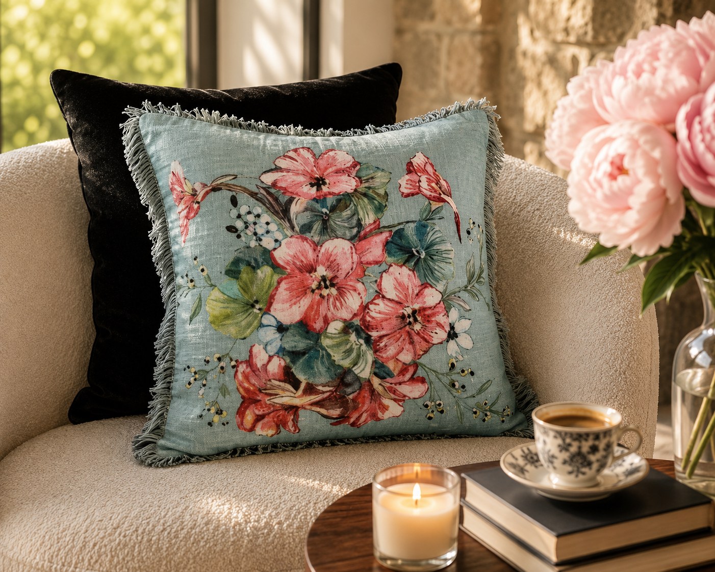 Aqua Bloom fringed cushion on a cream boucle armchair beside peonies in sunlight