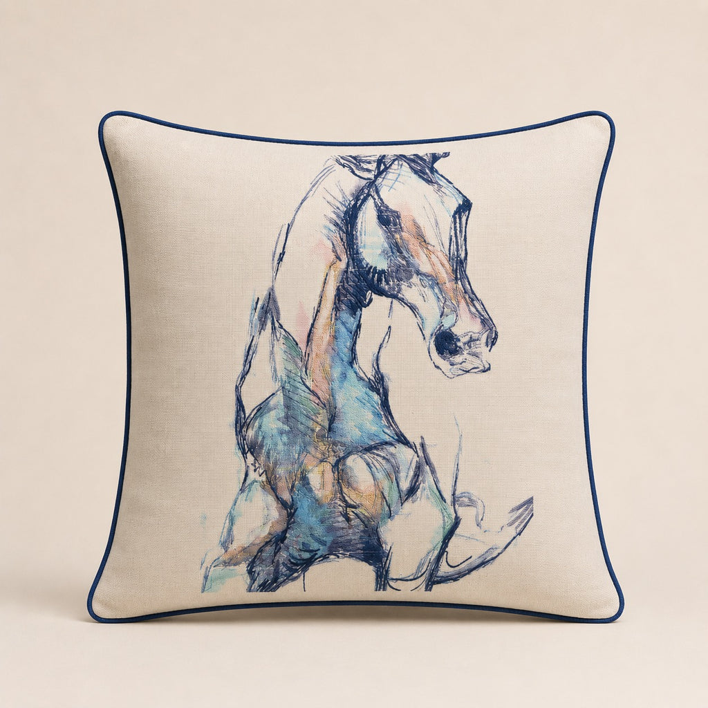 Arabian Horse Cushion — polychrome ink horse on ivory linen with navy piping