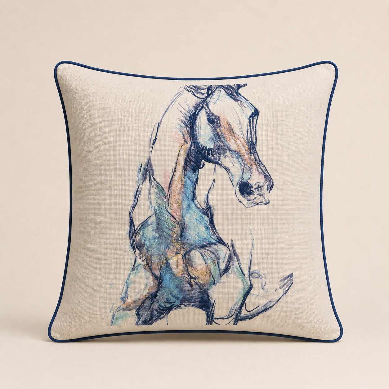 Arabian Horse Cushion — polychrome ink horse on ivory linen with navy piping