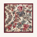 Autumn Chintz silk scarf, 40x40 — hand-painted tree-of-life chintz on cream with burgundy border, satin flat lay