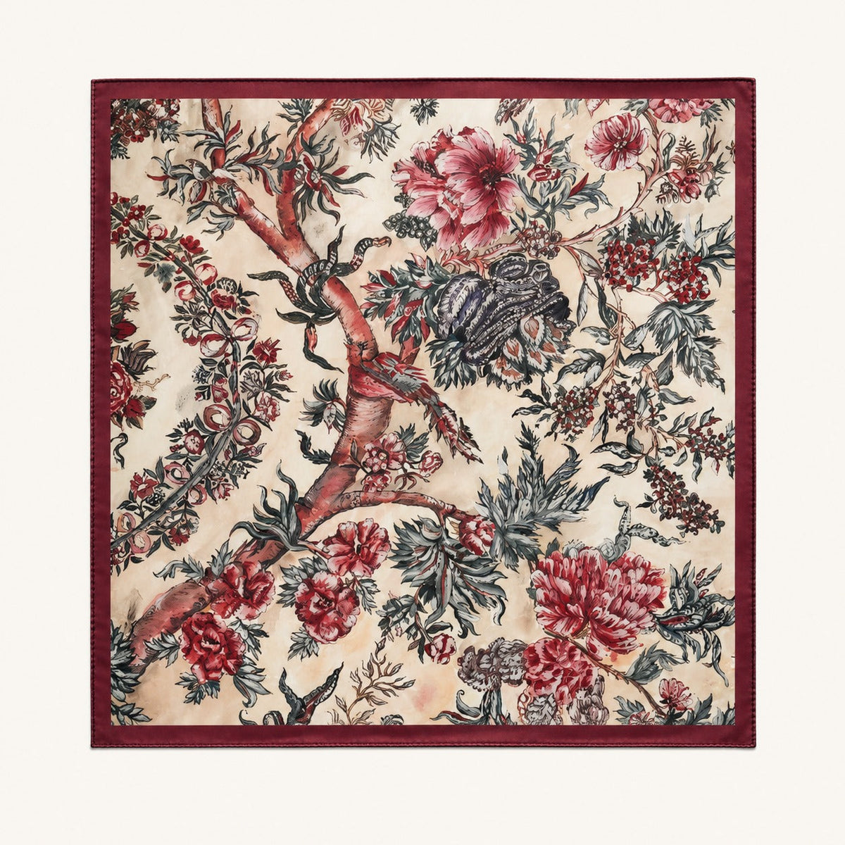Autumn Chintz classic men's silk scarf — hand-painted chintz on cream with a burgundy border, flat catalogue
