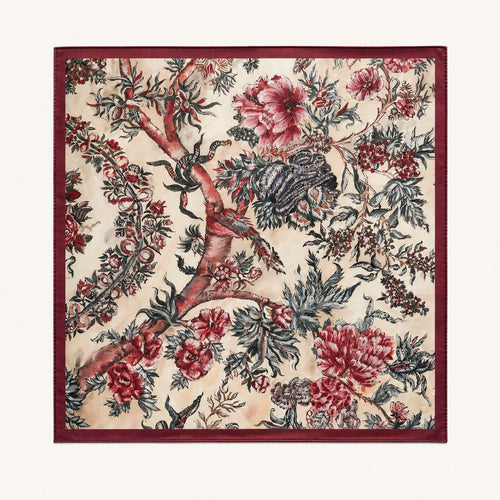 Autumn Chintz classic men's silk scarf — hand-painted chintz on cream with a burgundy border, flat catalogue