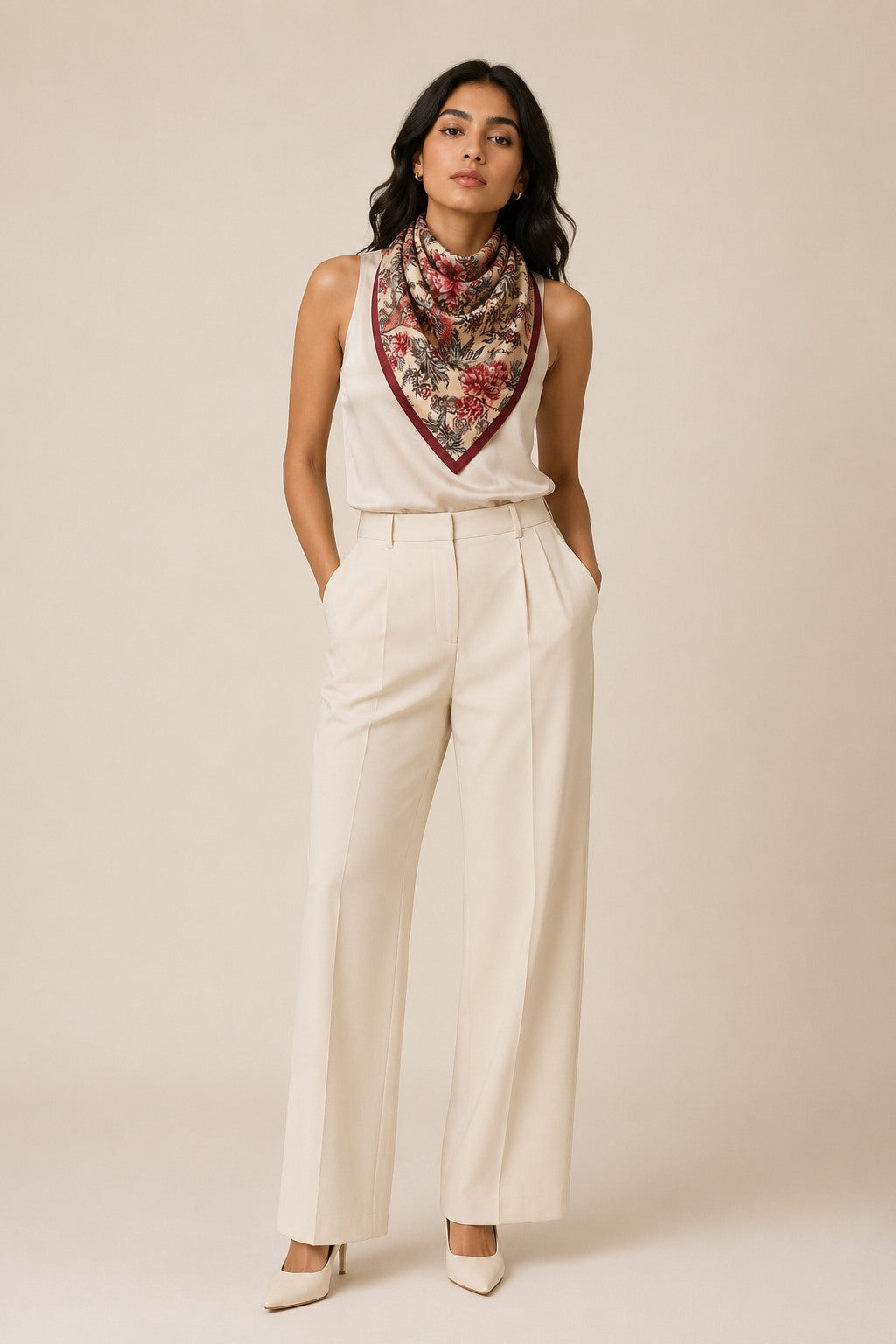 Model wearing the Autumn Chintz silk scarf as a neckerchief