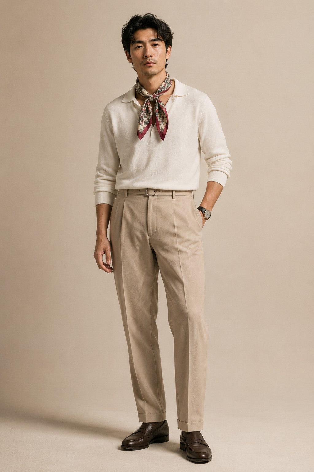 Autumn Chintz classic men's silk scarf styled at the neck