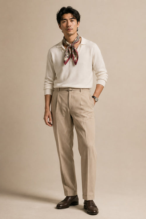 Autumn Chintz classic men's silk scarf styled at the neck