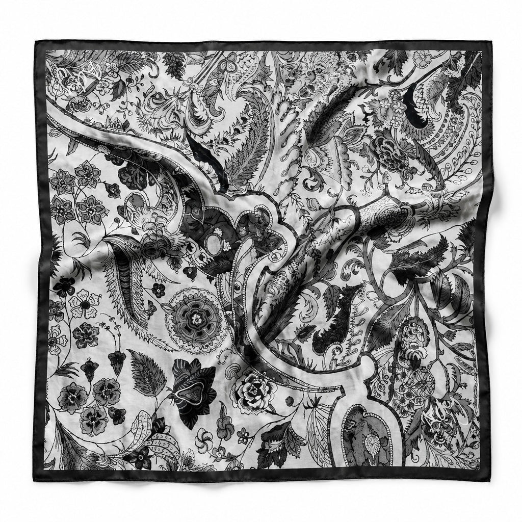 Noir Paisley silk bandana — black-and-white jacobean paisley with black border, flat catalogue