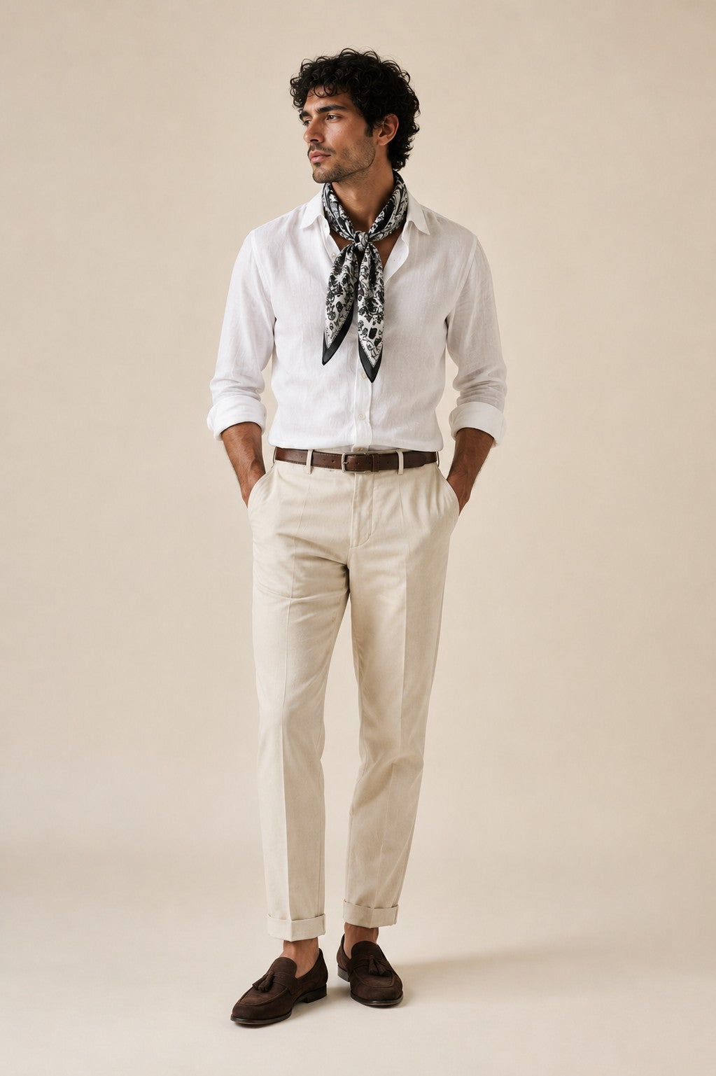 Noir Paisley classic men's silk scarf styled at the neck