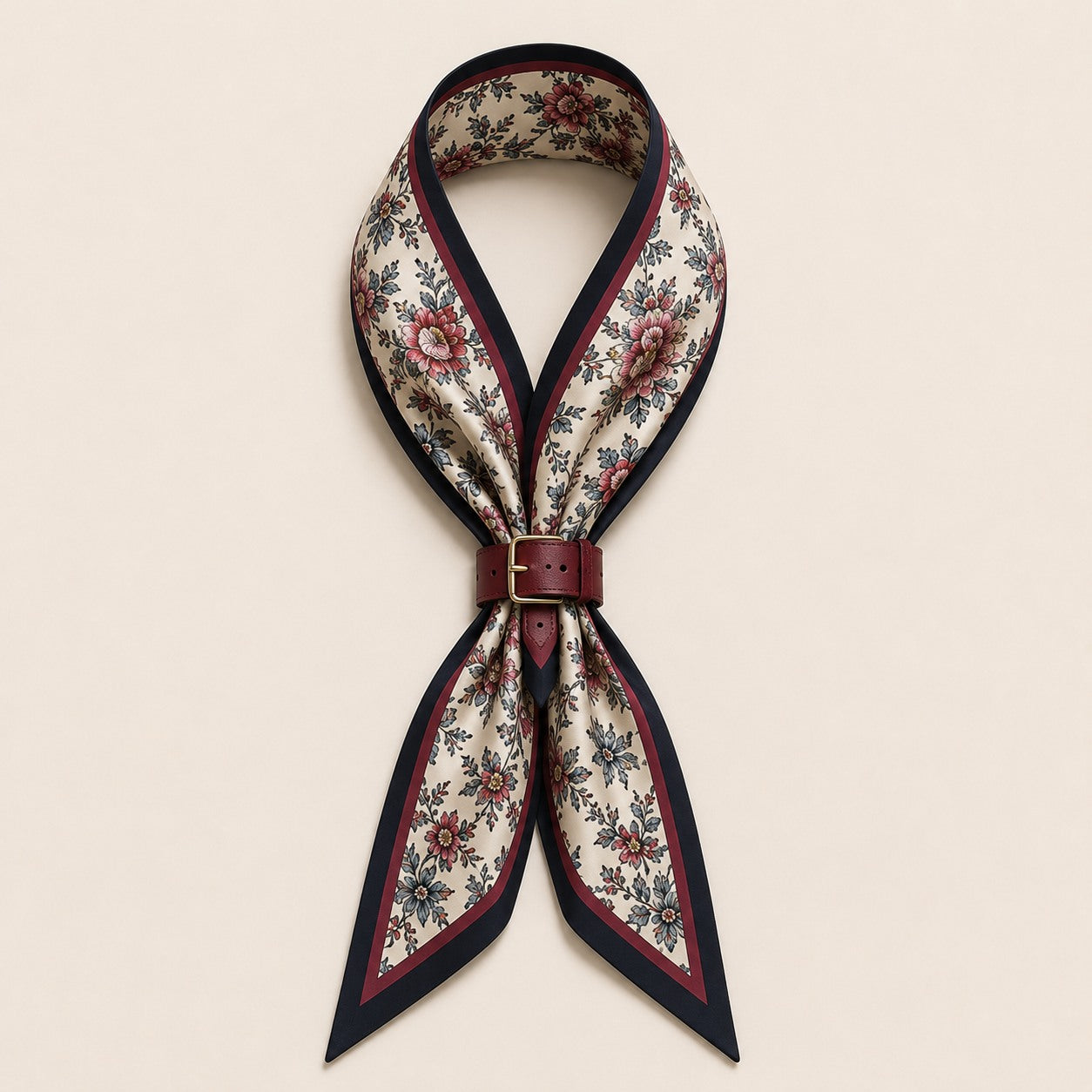 Maroon belting scarf looped through a burgundy leather belt, satin flat lay