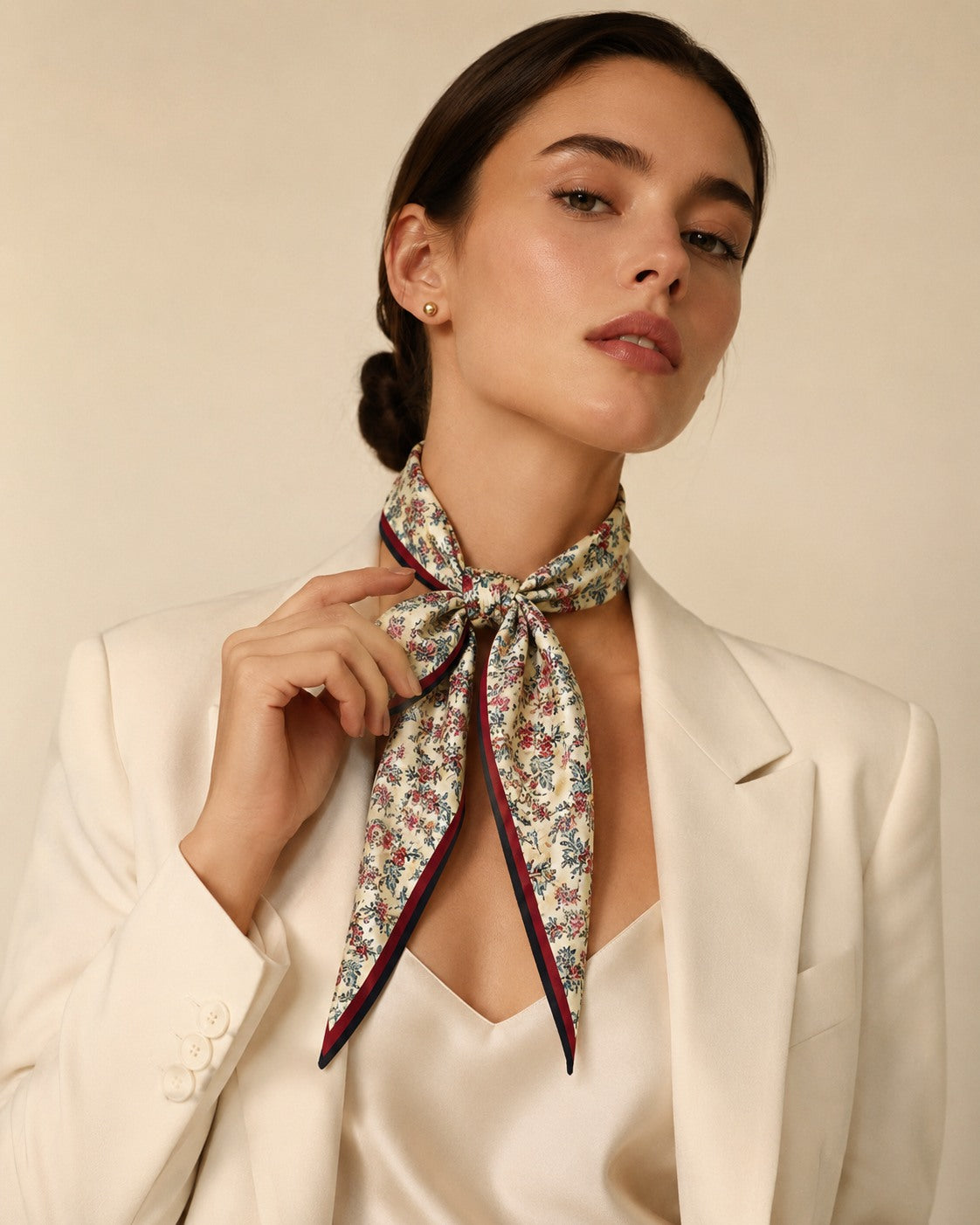 Model wearing the Maroon belting scarf tied at the neck