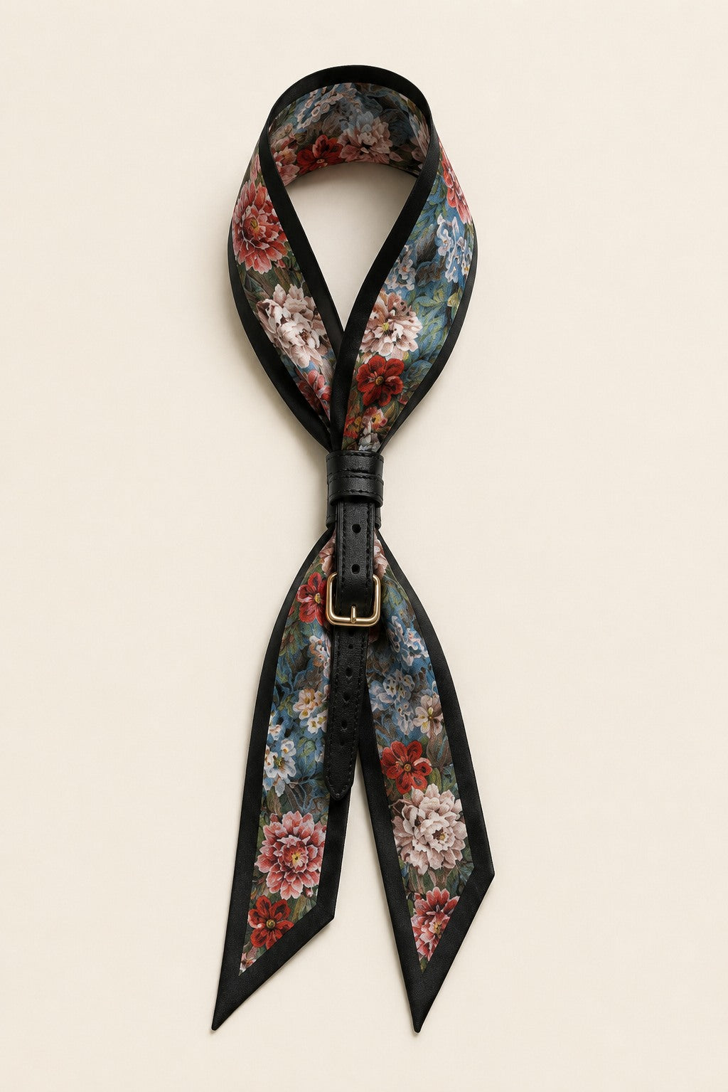 Midnight belting scarf — dark floral bouquets with black border, leather belt loop, catalogue