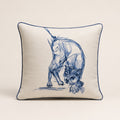 Blue Cat Cushion — indigo ink cat sketch on ivory linen with navy piping
