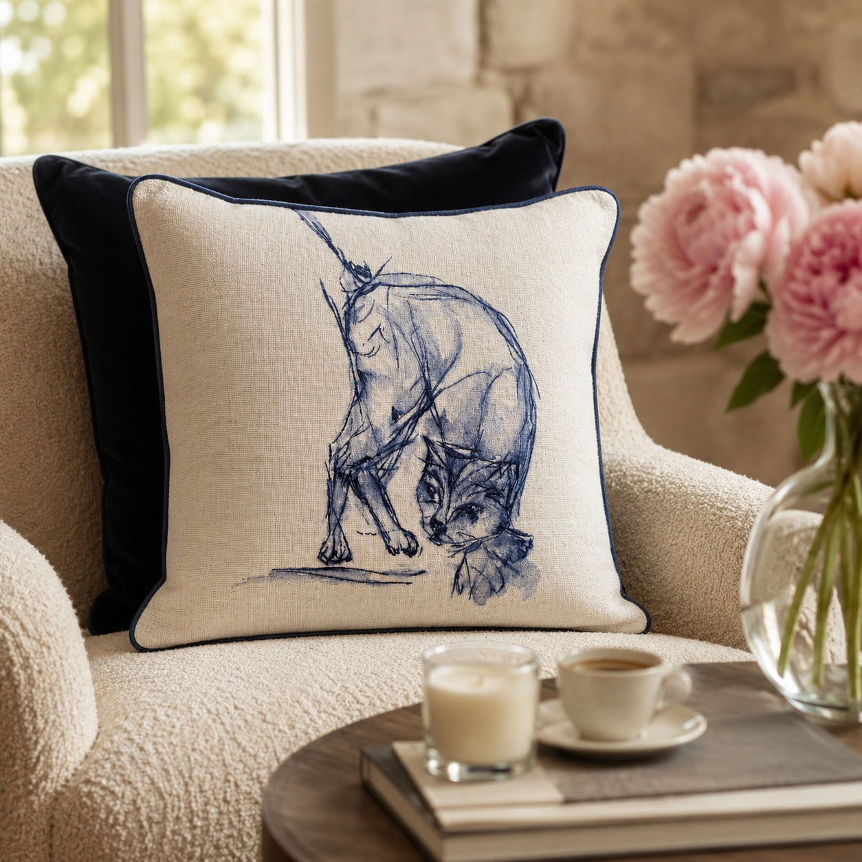 Blue Cat Cushion styled on an armchair beside pink peonies