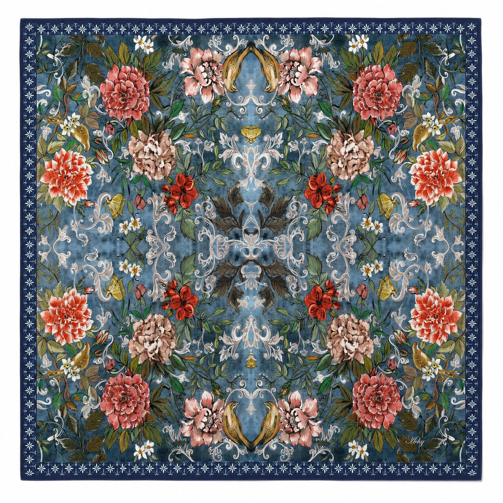 Blue Damask silk pocket square — red and pink blooms on a deep blue damask ground with a ditsy navy border, flat catalogue