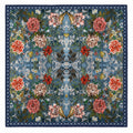 Blue Damask silk pocket square — red and pink blooms on a deep blue damask ground with a ditsy navy border, flat catalogue