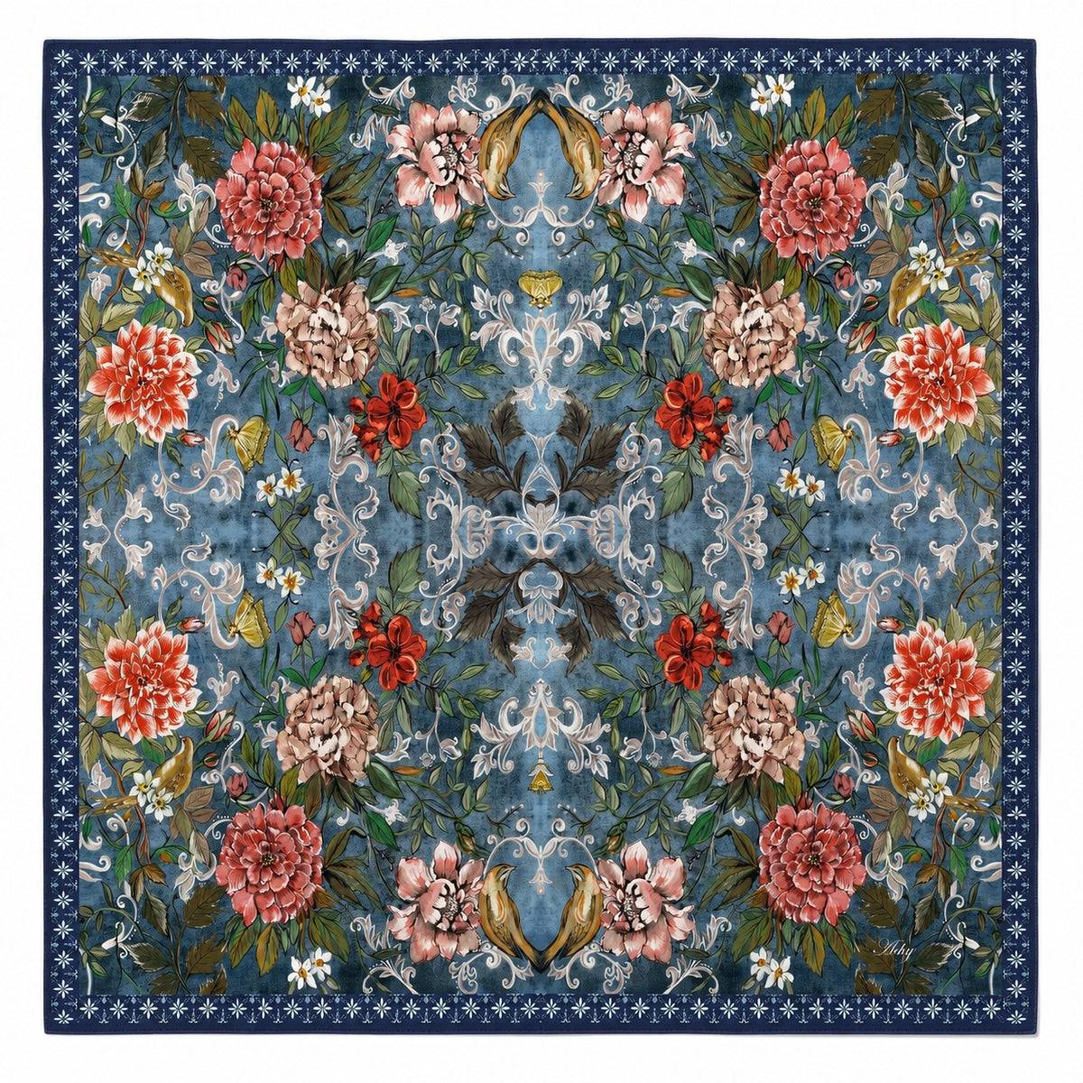 Blue Damask silk pocket square — red and pink blooms on a deep blue damask ground with a ditsy navy border, flat catalogue
