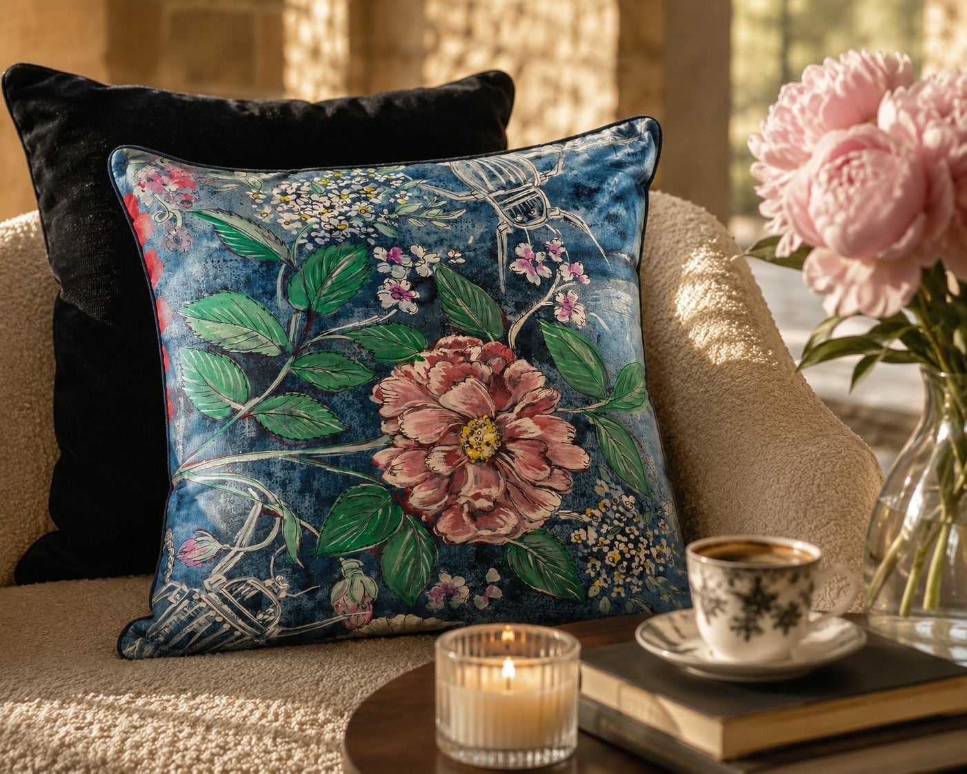 Blue Scooter Cushion styled on a cream boucle chair beside pink peonies