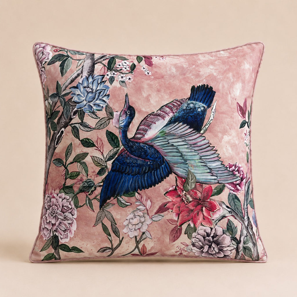 Blush Crane Cushion — blue crane among chinoiserie blossoms on blush velvet