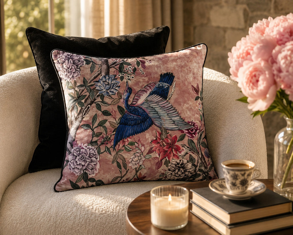 Blush Crane Cushion styled on a cream boucle chair beside pink peonies
