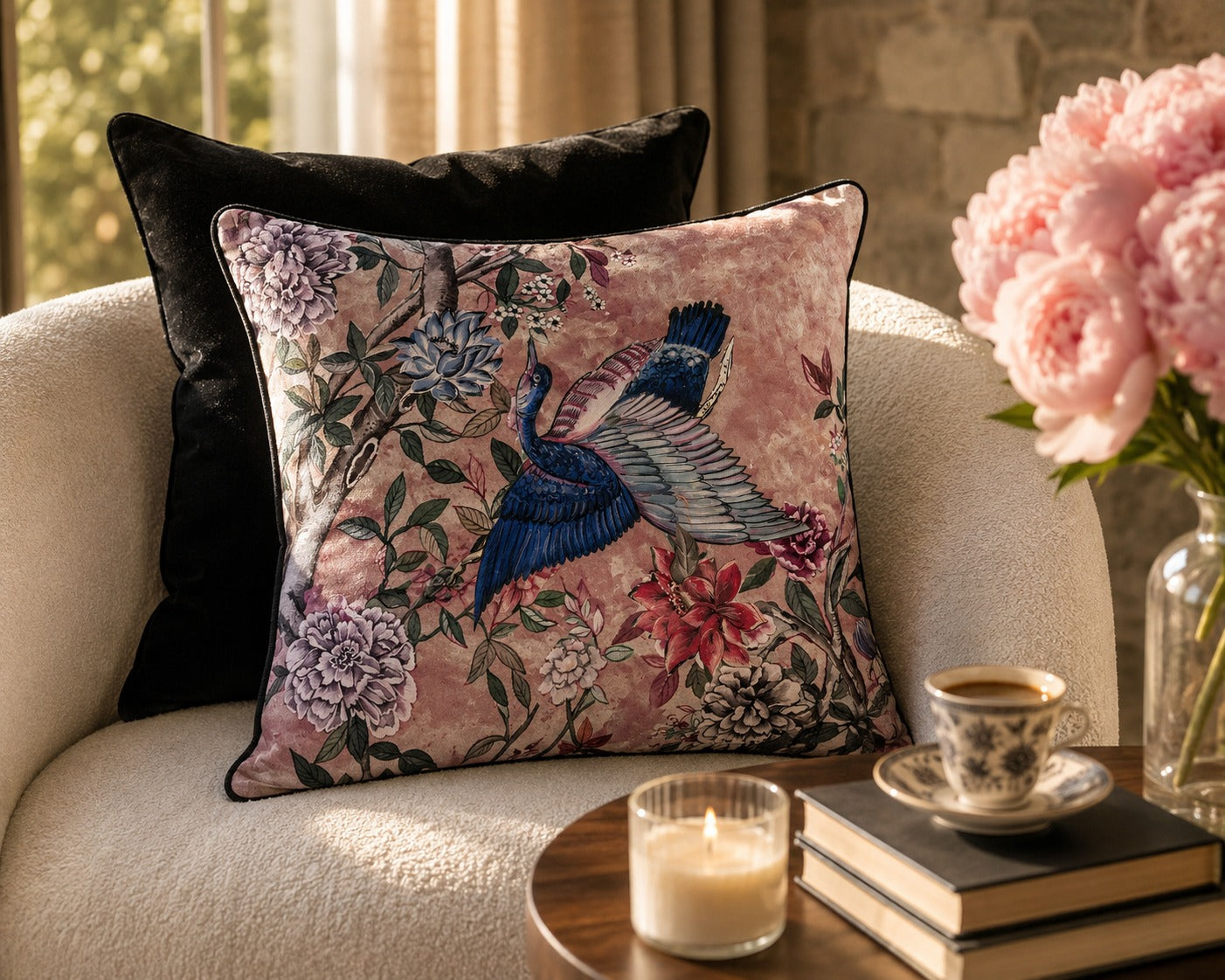Blush Crane Cushion styled on a cream boucle chair beside pink peonies