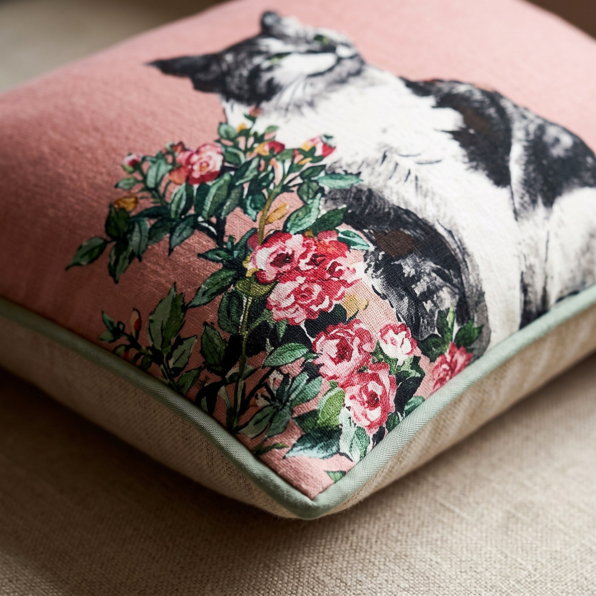 Cat And Roses Cushion — detail