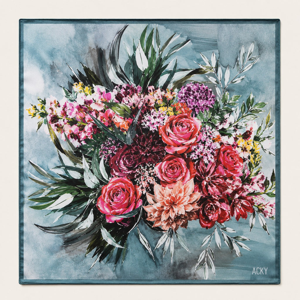 Cecil silk scarf, 40x40 — hand-painted rose and dahlia bouquet on slate blue, satin flat lay