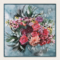 Cecil silk scarf, 40x40 — hand-painted rose and dahlia bouquet on slate blue, satin flat lay
