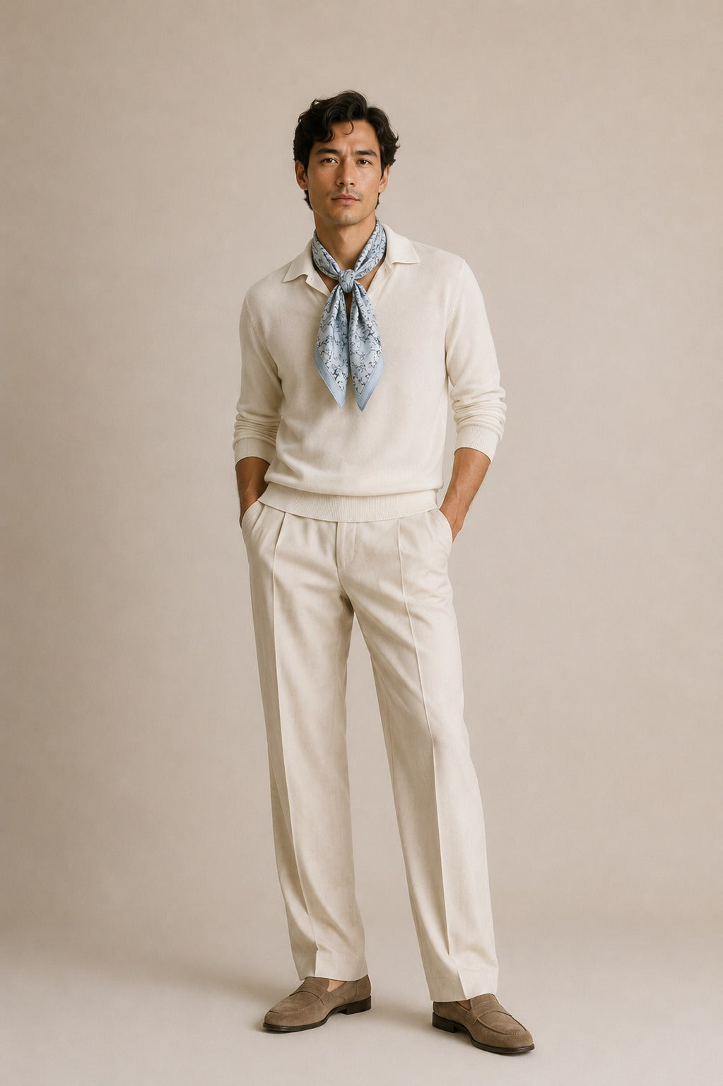 Model wearing the Delft Toile silk scarf
