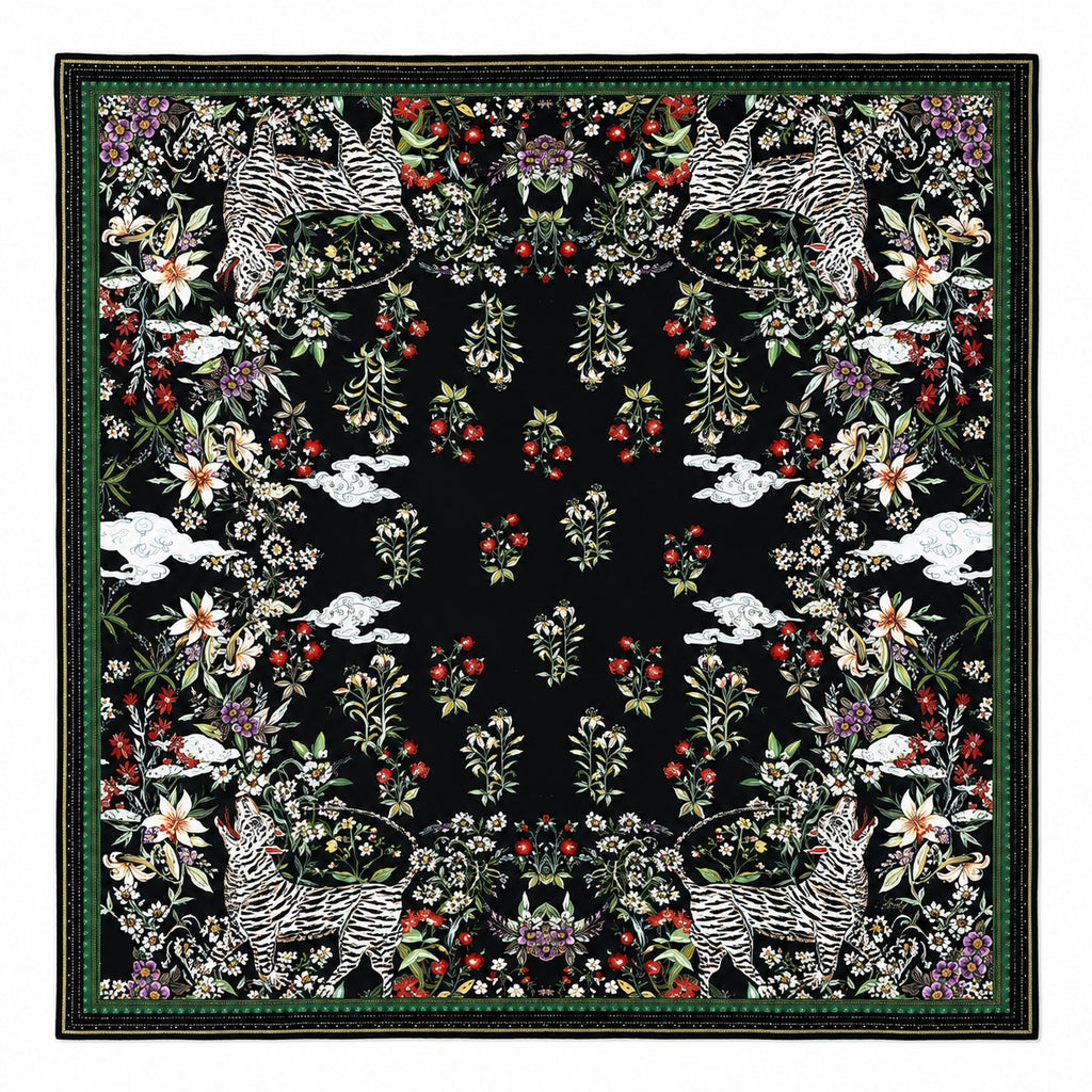 Emerald Tiger Men's Silk Scarf — flat lay of the hand-painted silk print