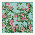 English Roses silk scarf, 40x40 — hand-painted climbing pink roses on aqua, satin flat lay