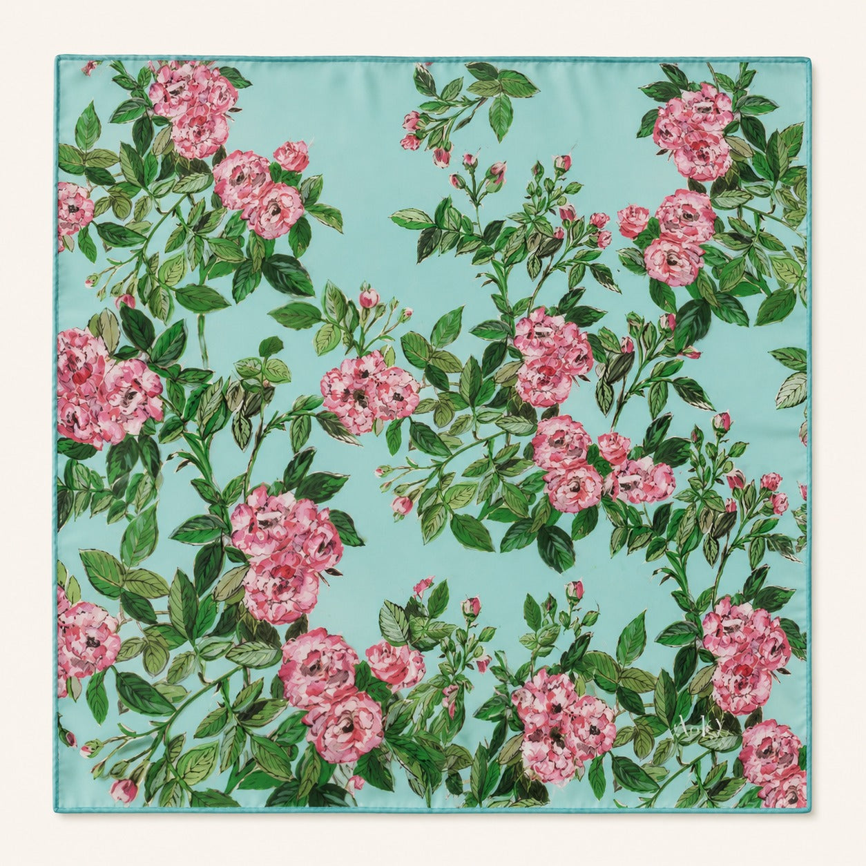 English Roses silk scarf, 40x40 — hand-painted climbing pink roses on aqua, satin flat lay