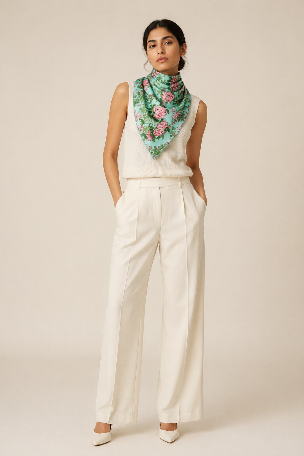 Model wearing the English Roses silk scarf as a neckerchief