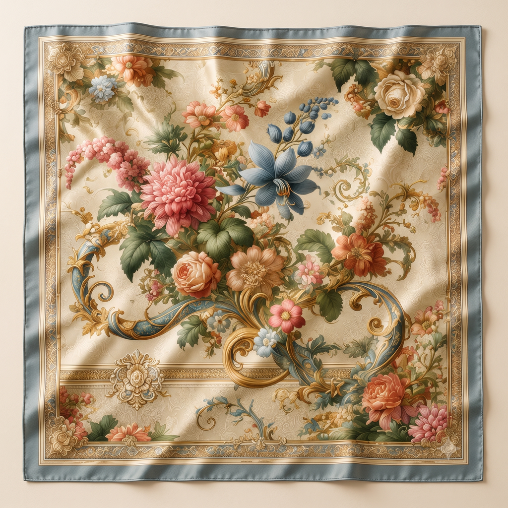French Tapestry Silk Scarf - Blue colourway, hand-painted tapestry flat lay