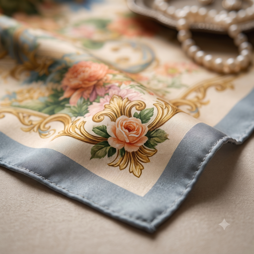 French Tapestry Silk Scarf - Blue colourway, close detail of print and hem