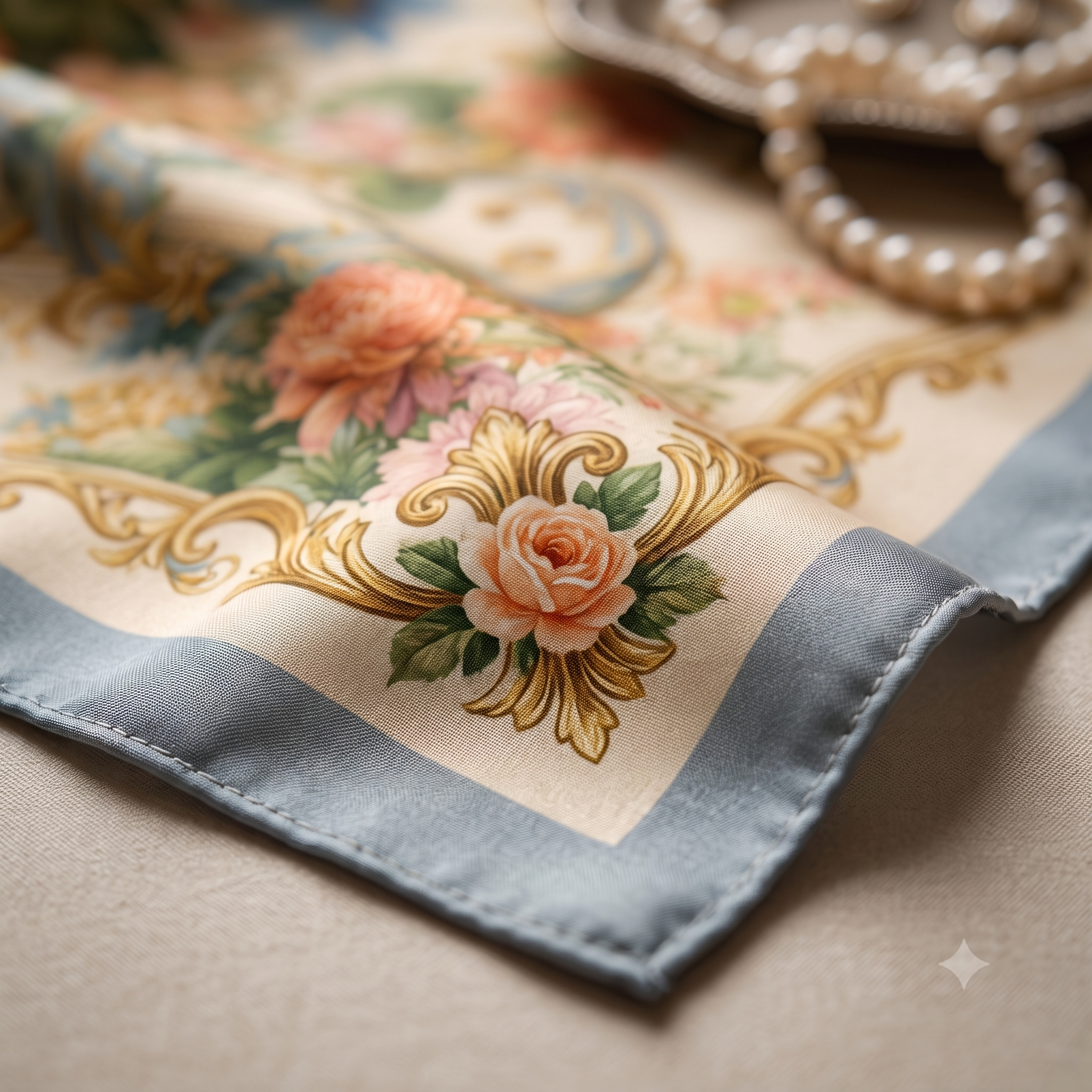 French Tapestry Silk Scarf - Blue colourway, close detail of print and hem