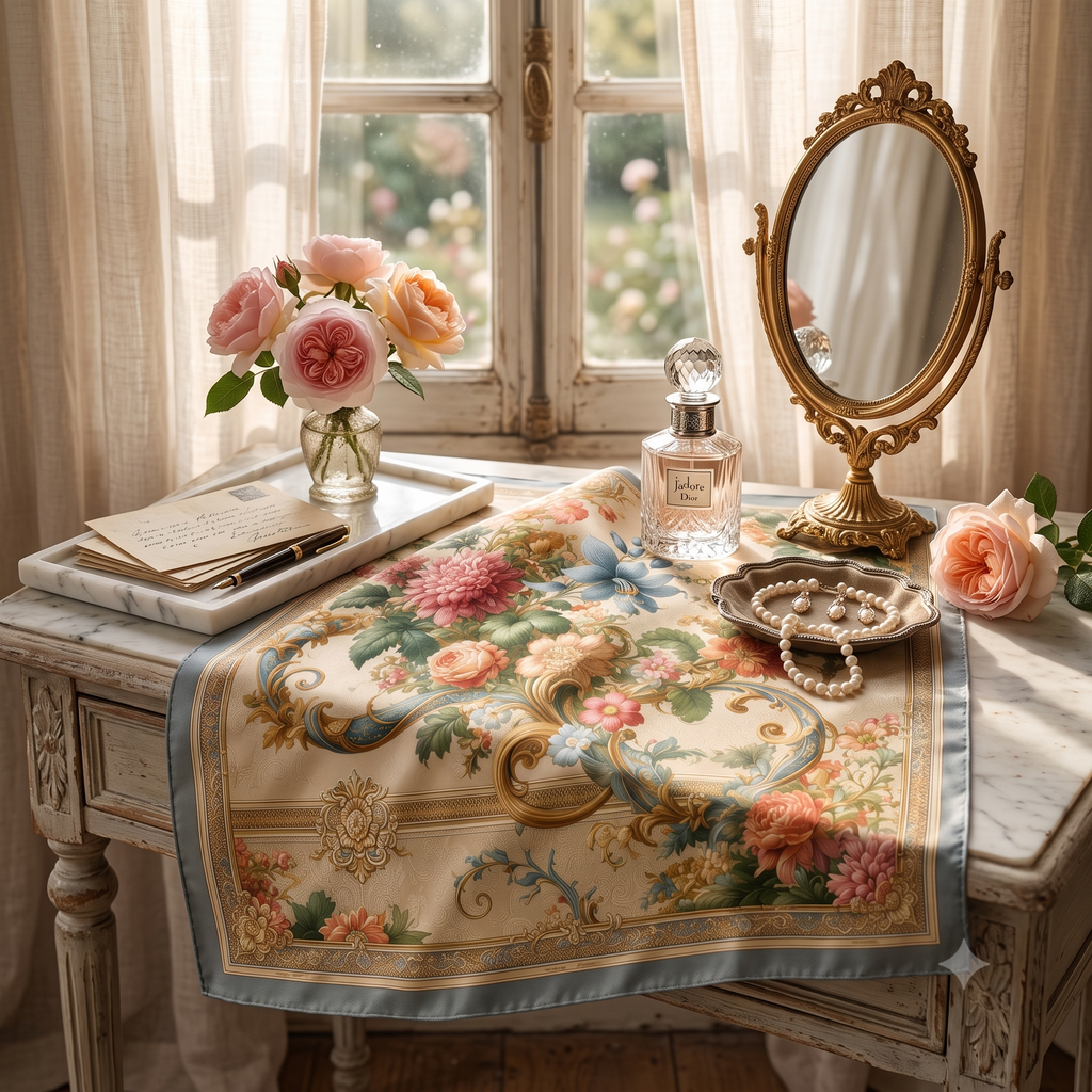 French Tapestry Silk Scarf - Blue colourway draped in soft window light