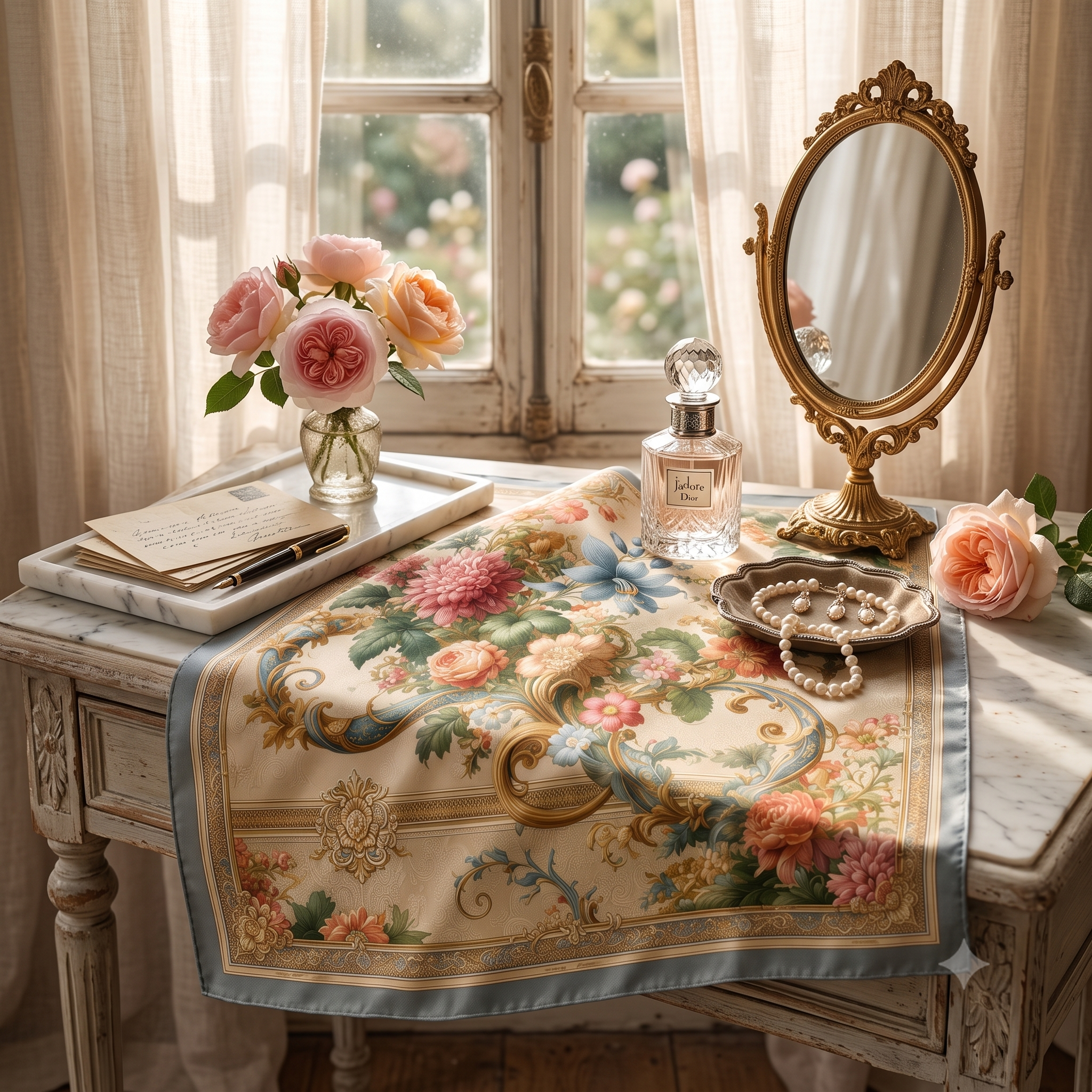 French Tapestry Silk Scarf - Blue colourway draped in soft window light