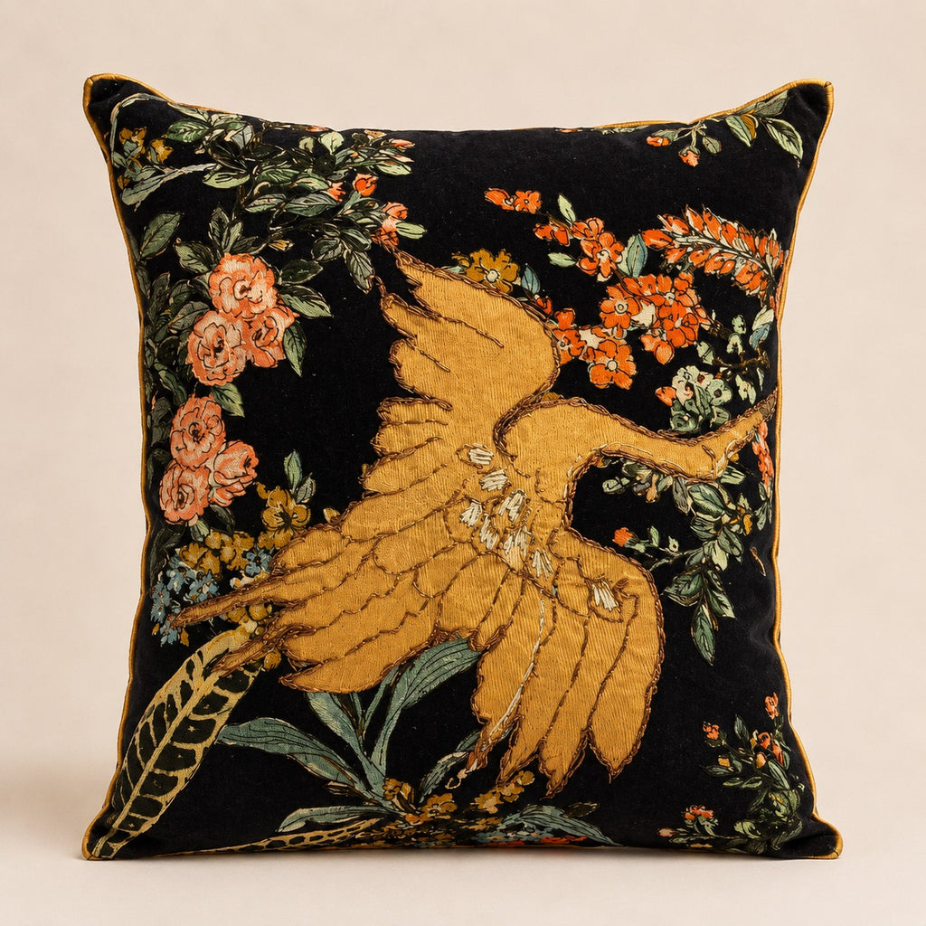 Gilded Phoenix Cushion — gold-embroidered phoenix among orange blossom on black velvet
