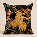 Gilded Phoenix Cushion — gold-embroidered phoenix among orange blossom on black velvet