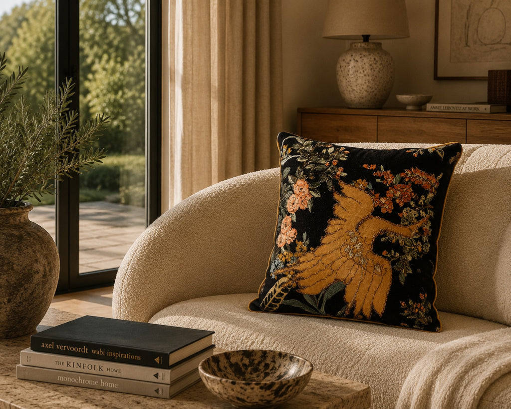 Gilded Phoenix Cushion styled on a cream boucle sofa in a sunlit room