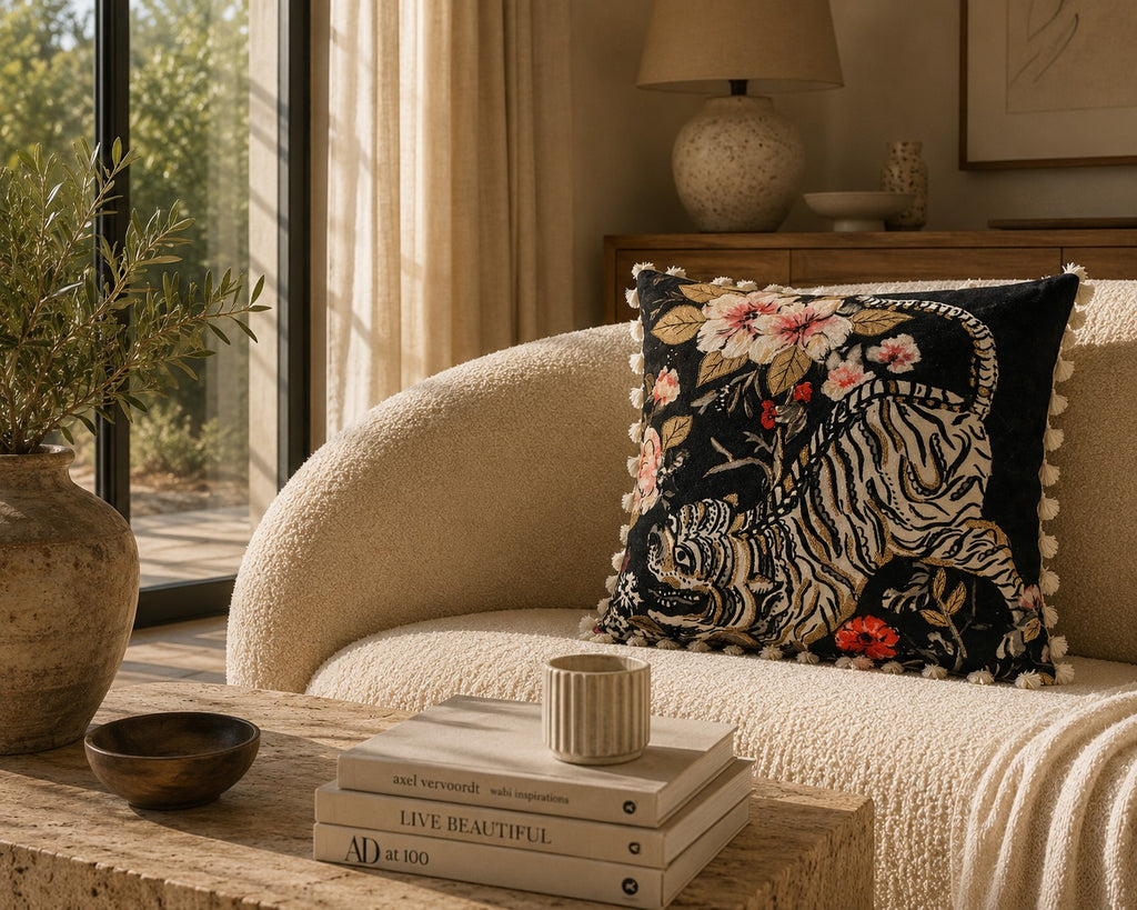Golden Tiger Cushion styled on a cream boucle sofa in a sunlit room