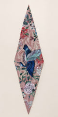 Heron Blossom diamond silk scarf, 18x70 — hand-painted blue kingfisher and blossoms on rose pink, satin flat lay