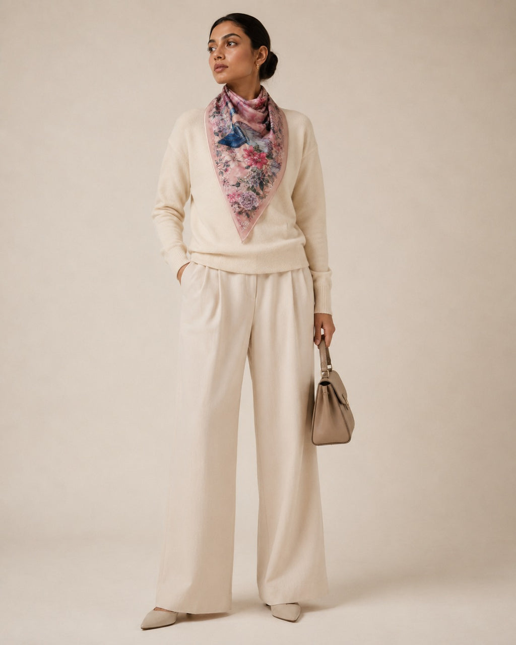 Model wearing the Heron Blossom diamond silk scarf knotted at the neck with cream knitwear