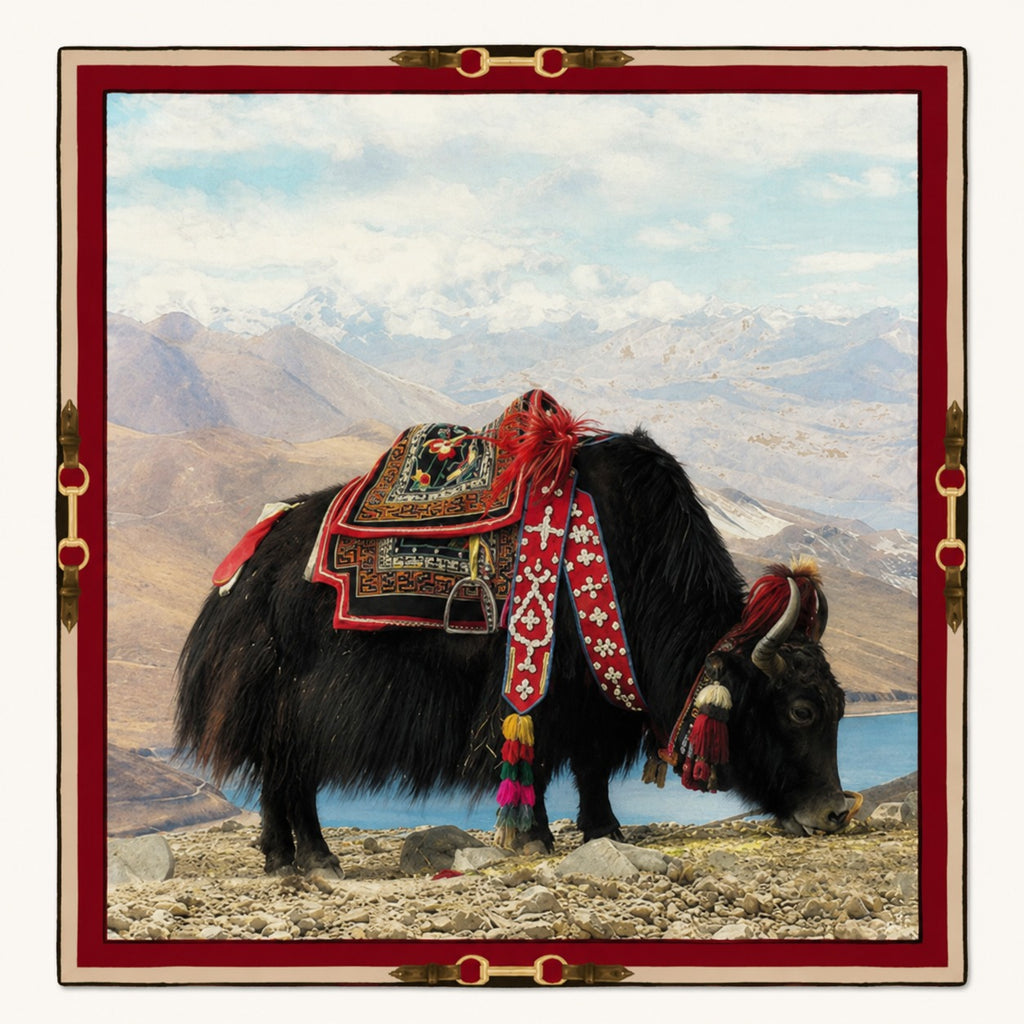 Highland Yak silk scarf, 40x40 — ceremonial yak in a mountain landscape with carmine bridle border, satin flat lay