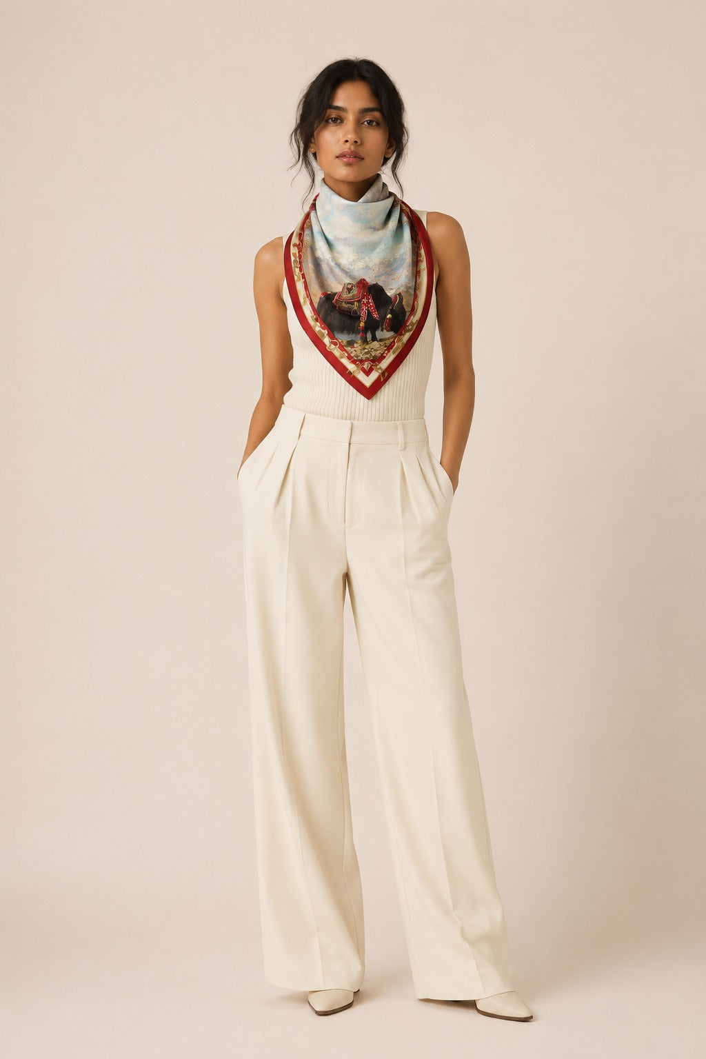 Model wearing the Highland Yak silk scarf knotted at the neck with cream tailoring